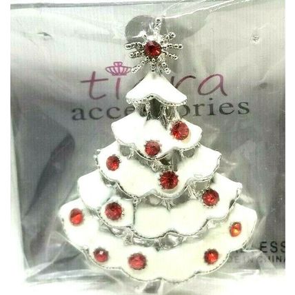 Vintage 2 1/4" Costume Jewelry White Christmas Tree Brooch Red Rhinestones (B17