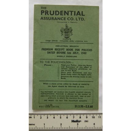 1956 Prudential Assurance premium receipt book Parker, Nantwich