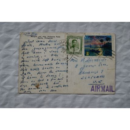 1962 postcard Mangoes & other Philippine Fruits, sent from Philippines