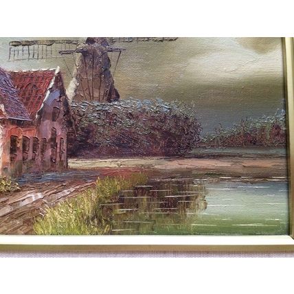 Stunning Vintage Original Framed Oil Painting By I. Costello Windmill & Cottage