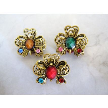 small mini metal bow shaped jeweled antique style bronze hair claw clip