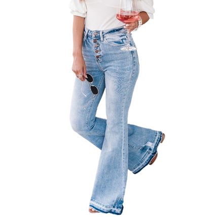 Sky Blue High Waist Buttoned Distressed Flared Jeans