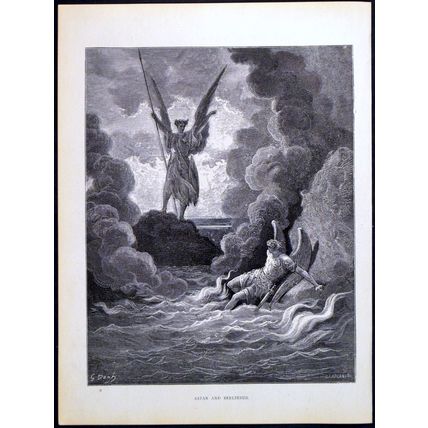SATAN AND BEELZEBUB 1885 Gustave Doré - John Milton - Laplante ANTIQUE ENGRAVING