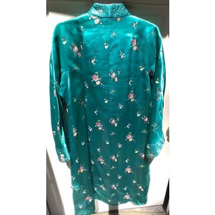 Wms Embroidered Aqua Floral Oriental Kimono Robe Gown Sm/Med Heavy Quality Flaw