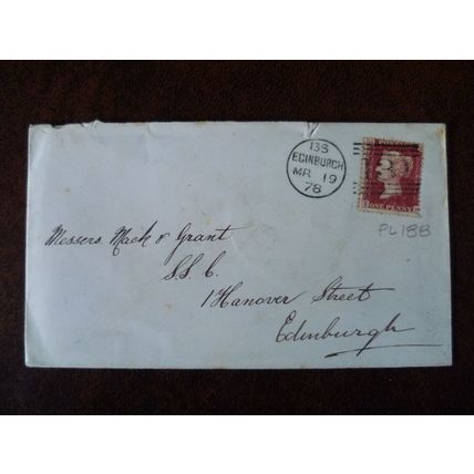 1878 GB QV 1d Red stamp plate 188 HE duplex cover Edinburgh Lauder Mack & Grant