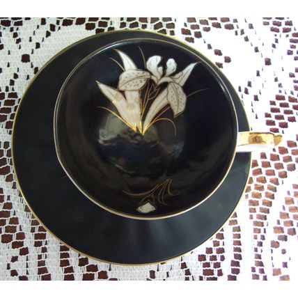 Marked in Gold MADE IN JAPAN Hand Painted Black & White Footed Teacup & Saucer