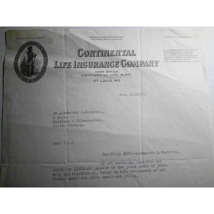 1925 Continental Life Insurance Company, St. Louis, MO, settlement letter