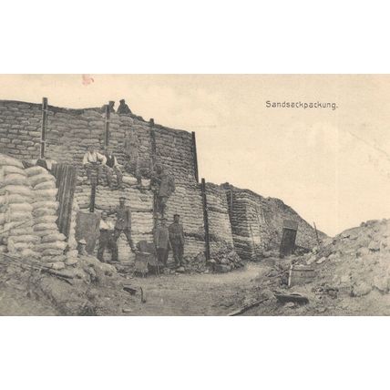 German Soldiers Stacking Sandbags WW1 Military Shelter Old Postcard