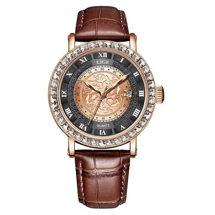 Gents Black & Gold Face Crystal Bezel Sony Battery Brown Leather Strap Watch