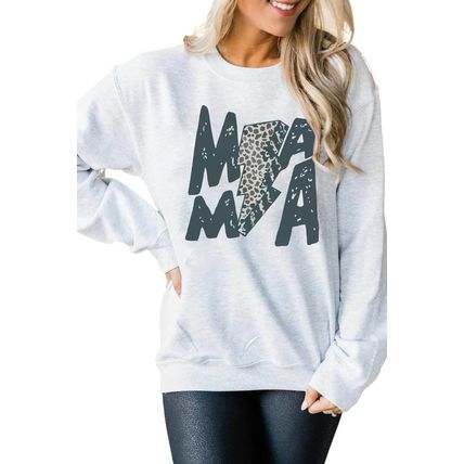 Gray MAMA Lightning Leopard Print Long Sleeve Sweatshirt