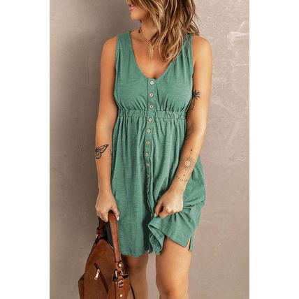Green Buttons Sleeveless High Waist Mini Dress