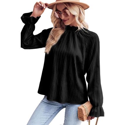 Black Frilled Mock Neck Ripple Bubble Sleeve Blouse
