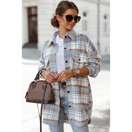 Sky Blue Plaid Flap Pocket Long Sleeve Shacket