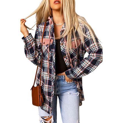 Pink Contrast Hooded Drawstring Plaid Shacket