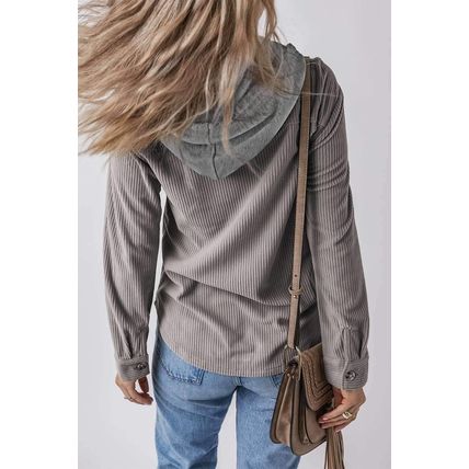 Light Grey Hooded Drawstring Pockets Corduroy Shacket