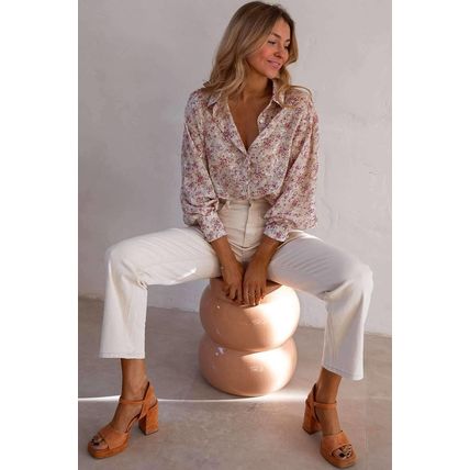 Pink Floral Print Bishop Sleeve Collared V Neck Shirt
