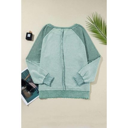 Mineral Blue Waffle Knit Patchwork Exposed Seam Raglan Sweatshirt