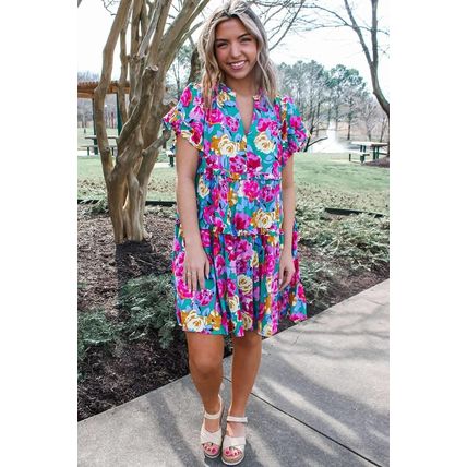 Green Rose Floral Print Ruffled Short Dress