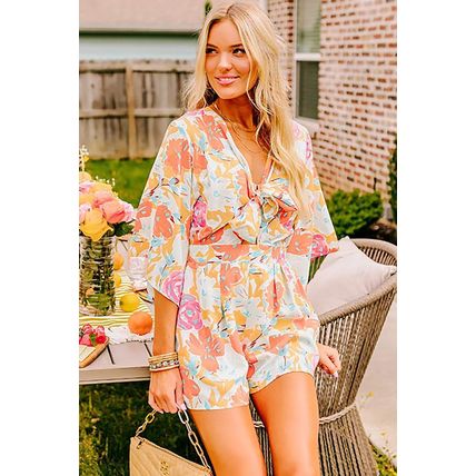 Orange Blooming Floral Print Front Tie Romper