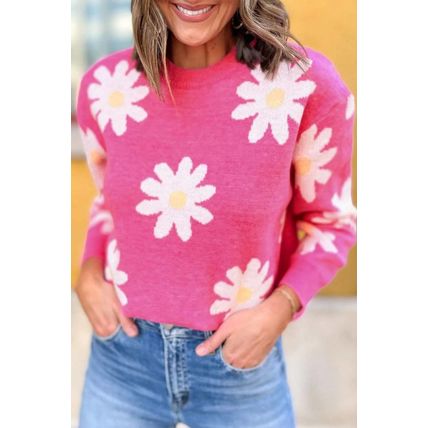 Bright Pink Daisy Flower Crew Neck Long Sleeve Sweater