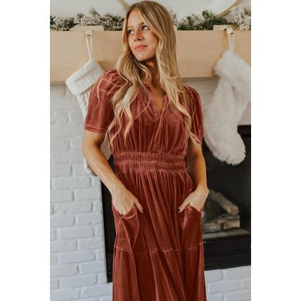 Chestnut Velvet Short Sleeve Shirred Waist Tiered Maxi Dress