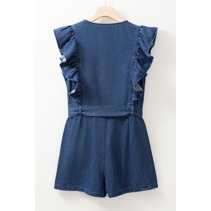 Sail Blue Denim Ruffled Zipped Front Belted Romper