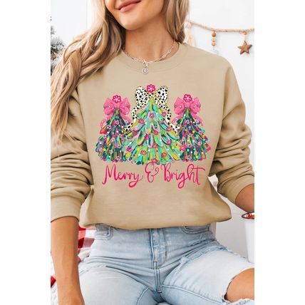 Khaki Merry & Bright Christmas Tree Print Pullover Sweatshirt