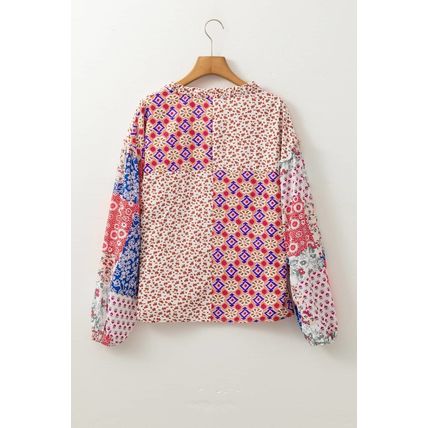 Orange Mixed Floral Printed Long Sleeve Tied V Neck Blouse