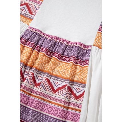White Western Aztec Print Patchwork Ruffled Tunic Long Sleeve Babydoll Top