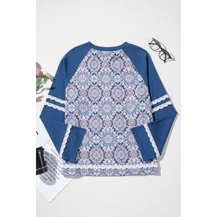 Blue Geometric Printed Lace Patchwork Ric Rac Raglan Long Sleeve Top