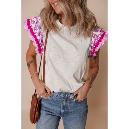Rose Ricrac Trim Printed Flutter Sleeve Contrast Patchwork Blouse
