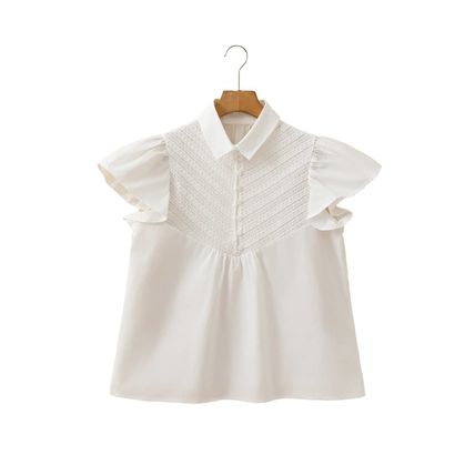 White Half Button Lace Patchwork Flutter Sleeve Blouse