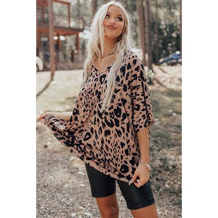 Brown Leopard Print V Neck Half Sleeve Oversized Tee