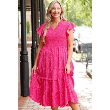 Rose Polka Dot Print Ruffled Smocked High Waist Plus Midi Dress