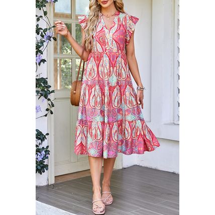 Rose Tribal Paisley Print Ruffled Sleeve Notch Neck Midi Dress