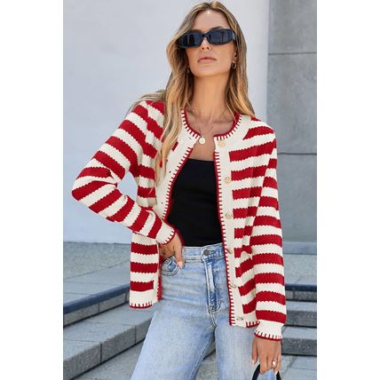 Red Stripe Chic Golden Button Cardigan Sweater