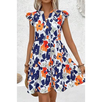 Orange Floral Print Notched Neck Flutter Sleeve Mini Dress