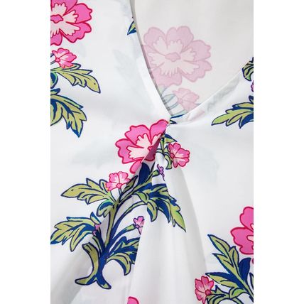 White Floral Colorblock Stripe Knot Bubble Sleeve V Neck Blouse
