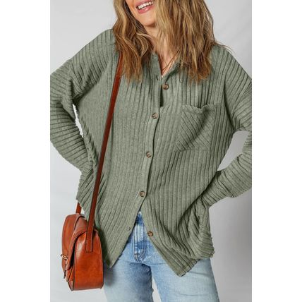 Mist Green Thermal Ribbed Texture Drop Shoulder Button Up Shacket
