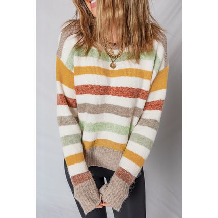 Multicolour Stripe Drop Shoulder Crew Neck Sweater