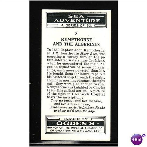 Ogden's Cards 1939 Sea Adventure No 8 Kempthorne and the Algerines Fine Mint
