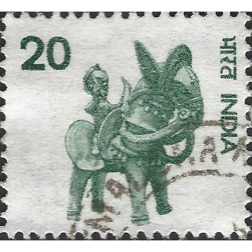 INDIA, MAMMAL, Horse and Rider, wood-cutting, green-grey 1975, 50p