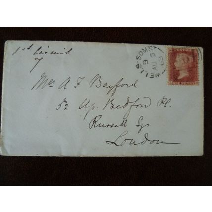 GB 1863 Queen Victoria 1d red Cover sideways Duplex Wells 864 London backstamp