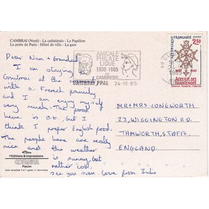 France Cambrai Slogan Postmark 1985 Amicale Philate Lique Postal History