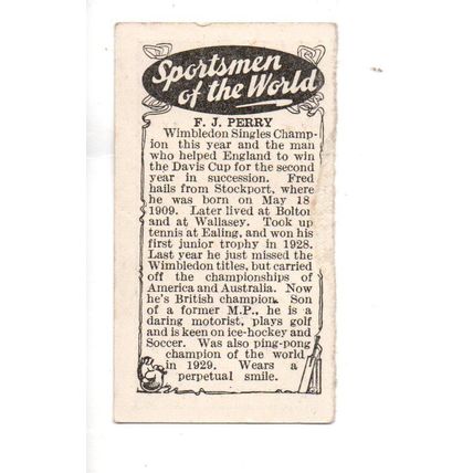 AMALGAMATED PRESS TRADE CARD SPORTSMEN OF THE WORLD 1935 F.J.PERRY (TENNIS)