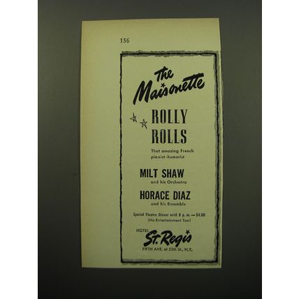 1950 Hotel St. Regis Ad - The Maisonette Rolly Rolls