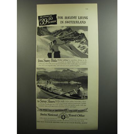1952 Swiss National Travel Office Advertisement - As little as $39.50 a week
