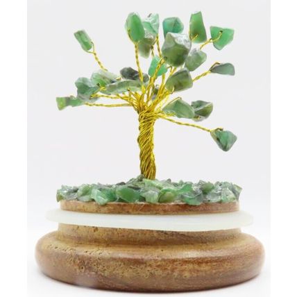 Green Aventurine Gem Tree Ornament Under a Glass Dome Wooden Base 11 CM Gift