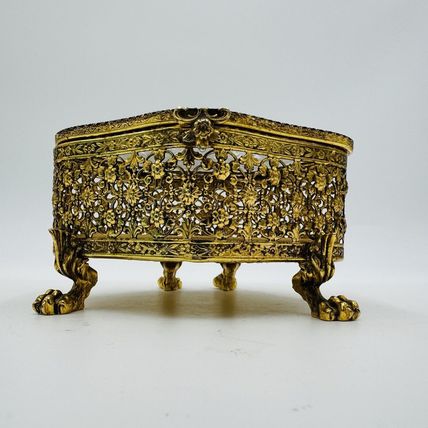 French Beveled Glass Gold Filigree Ormolu Jewelry Casket Box Claw Foot Vintage