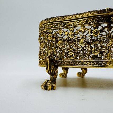 French Beveled Glass Gold Filigree Ormolu Jewelry Casket Box Claw Foot Vintage